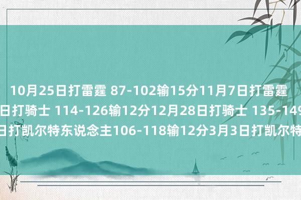 10月25日打雷霆 87-102输15分11月7日打雷霆 124-122赢2分12月6日打骑士 114-126输12分12月28日打骑士 135-149输14分1月8日打凯尔特东说念主106-118输12分3月3日打凯尔特东说念主 103-110输7分    体育录像/图片